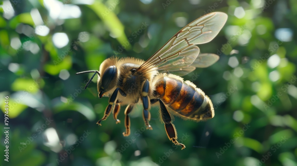 A honeybee in mid-flight, captured against a backdrop of lush greenery, symbolizing the essence of pollination and growth. A honeybee in mid-flight, captured against a backdrop of lush greenery, symbolizing the essence of pollination and growth.