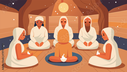 With warm herbal wraps covering their faces a group of individuals sit in meditation within the saunas healing circle finding inner peace and.