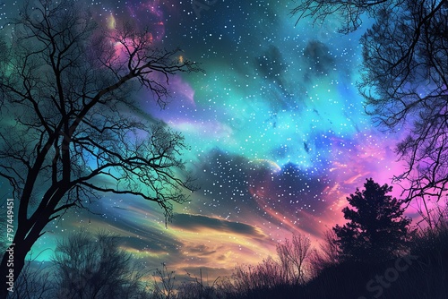 Neon Digital Aurora: Luminescent Sky Tapestries of Enigmatic Landscapes photo