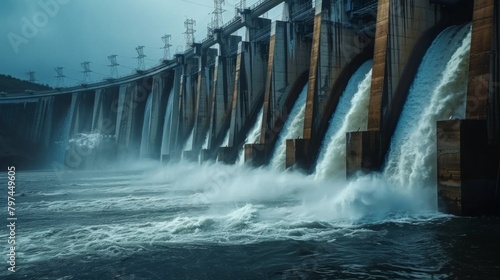 A hydroelectric dam with water flowing through turbines, illustrating renewable energy production photo