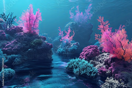 Neon Genesis Landscapes: Radiant Coral Reefs in Digital Neon Archipelagos photo