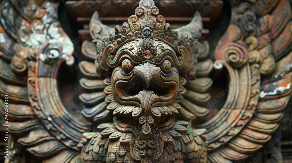 Close-up Garuda wooden statue a large mythical king of bird.