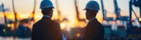 Two businessmen in hard hats looking out at a busy shipping port at sunset.