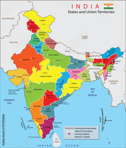 Updated Political map of India 2024. India map new. Detailed map of India with all states and country boundaries. India's political map with the capital New Delhi, national borders, important cities. photo