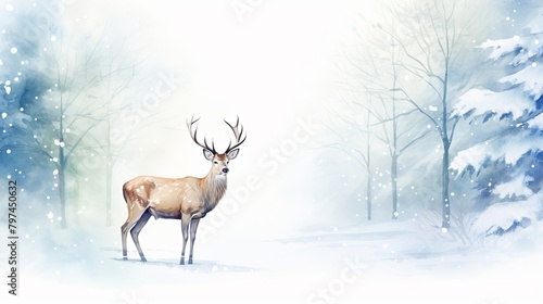 A watercolor painting of a deer standing in a snowy forest. The deer is in the center of the image  and the trees are on either side of it. The snow is falling heavily.