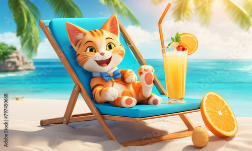 A smiling cat basks in the sun on the beach.