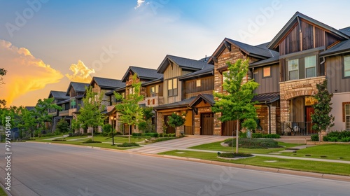 A row of luxurious townhouses with a harmonious mix of wood stone and glass accents nestled amidst manicured landscaping and bathed in the warm glow of the setting sun 