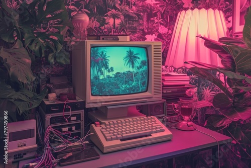 vintage retro personal computer with vaporwave , aesthetic and synthwave vibes