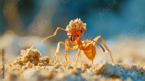 A macro shot of a fiery red fire ant carrying a food crumb back to its nest photo
