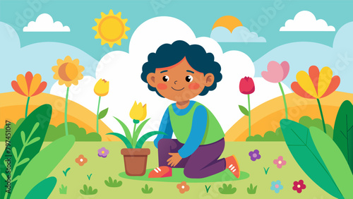 A joyful child kneeling in front of a rainbow of tulips surrounded by a mix of herbs vegetables and pollinatorfriendly flowers in their first photo