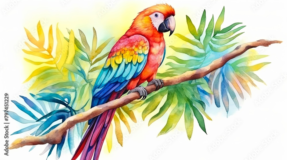 A watercolor painting of a parrot sitting on a branch with green leaves. A watercolor painting of a parrot sitting on a branch with green leaves.