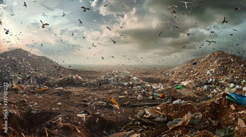A panoramic view of a vast landfill site covered in layers of discarded waste debris and litter with swarms of birds flying overhead against an ominous cloudy sky
 photo
