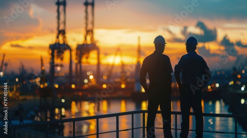 Two engineers in hardhats looking out at an industrial shipyard at sunset.