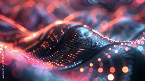 A captivating image of fluorescent tech curves intertwined with detailed circuitry under a haze of soft bokeh lights
 photo