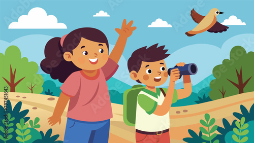 A pair of siblings eagerly pointing at a rare bird they spotted along the nature trail. The excitement on their faces is mirrored by their
