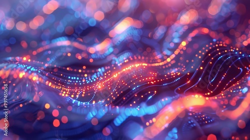 A captivating image of fluorescent tech curves intertwined with detailed circuitry under a haze of soft bokeh lights 