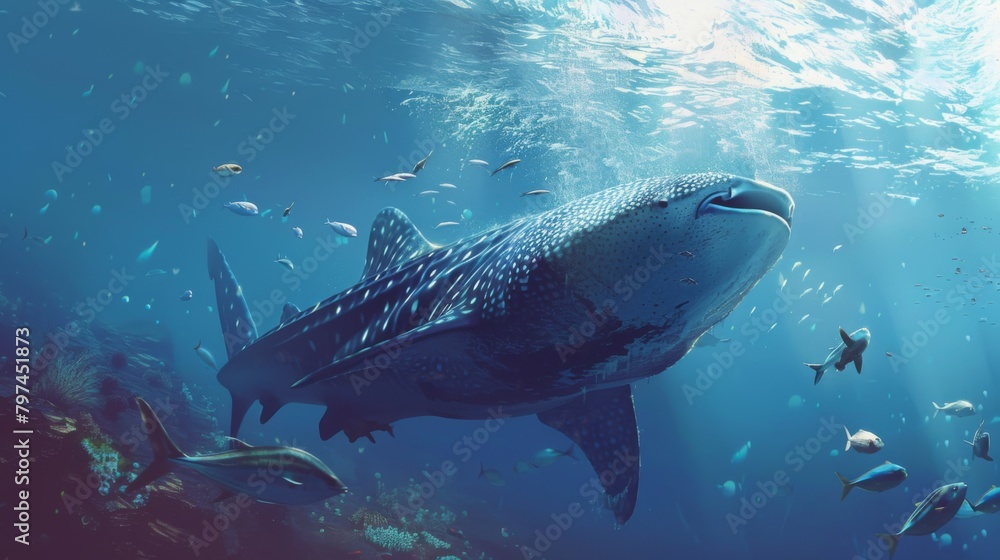 Fototapeta premium A majestic whale shark gliding through the open ocean, dwarfing the smaller fish swimming in its wake.