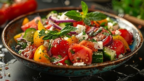 Lose yourself in the vibrant colors and bold flavors of a fresh Greek salad, each crisp vegetable a celebration of the Mediterranean's bounty.