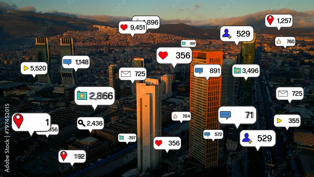 Social media and notification icons over the cities. social network concept. high quality Social media and notification icons over the cities. social network concept. high quality