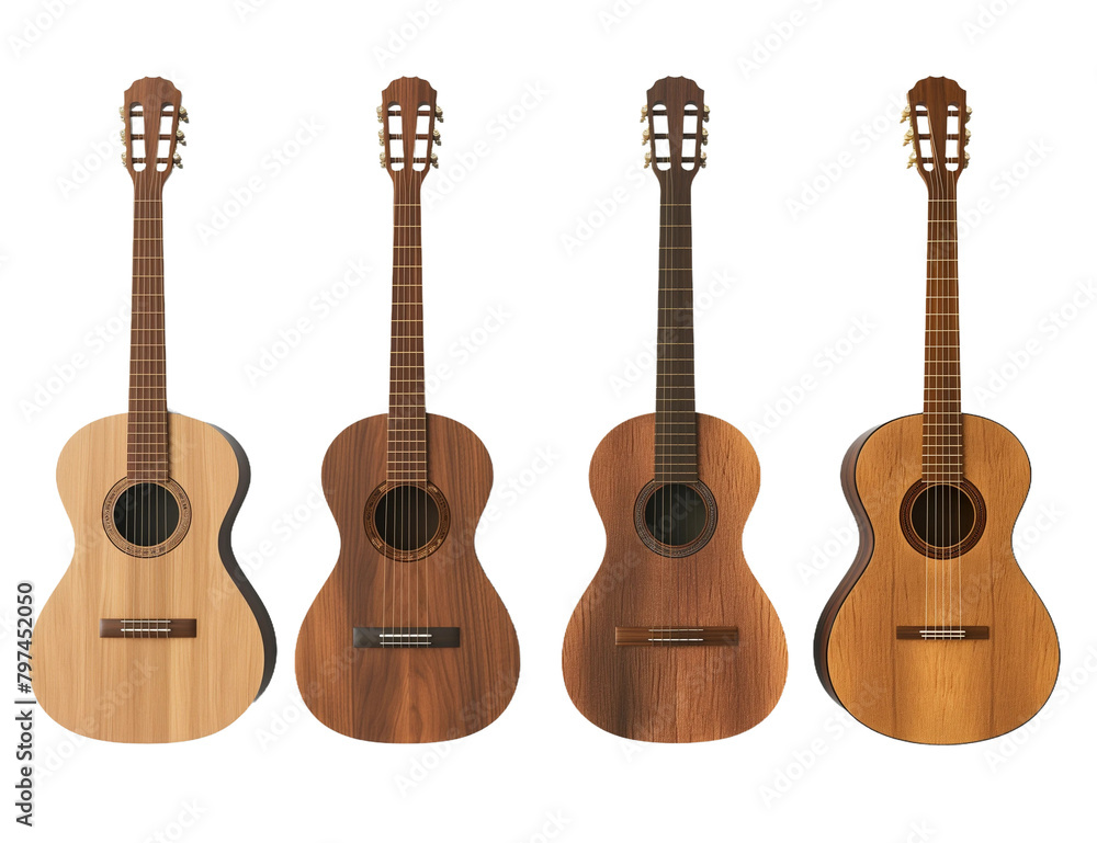 Obraz premium 3D render of six different wood acoustic guitars isolated transparent background PNG 