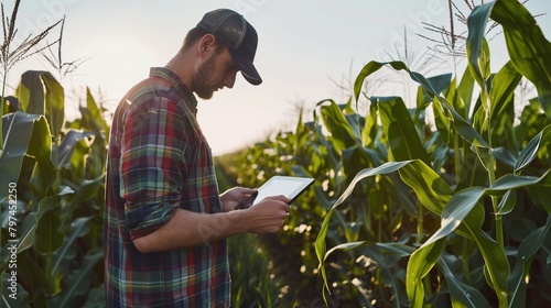 A modern farmer in a corn field using a digital tablet to review harvest and crop performance