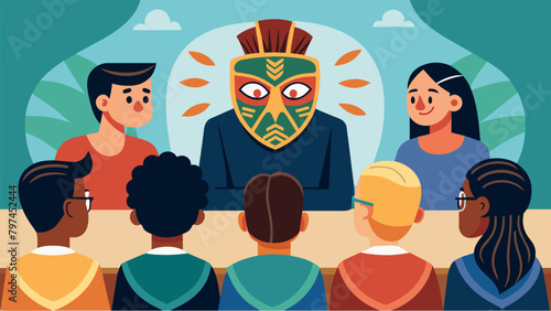 A group of students listened intently as a guest speaker discussed the symbolism and cultural significance of tribal masks on display in the. Vector illustration