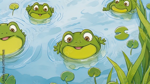 Four happy frogs are swimming in a pond on a sunny day.
