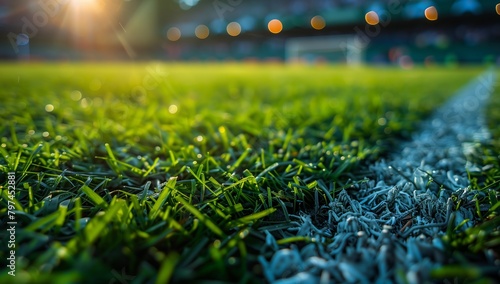 Detailed closeup of a soccer field with crisp white lining