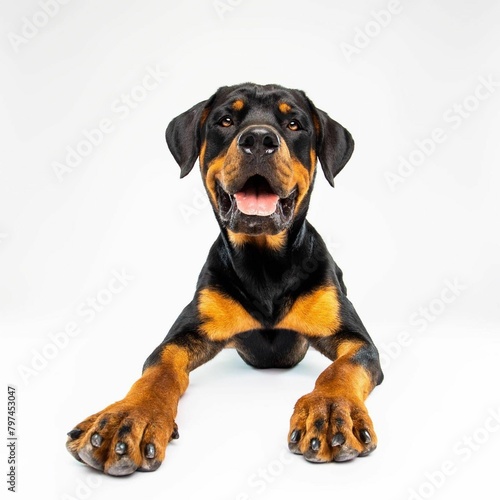 Beautiful rottweiler puppy dog isolated on white background. looking at camera .front view.dog studio portrait.  dog isolated .puppy isolated .puppy closeup face indoors.cute puppy isolated . 