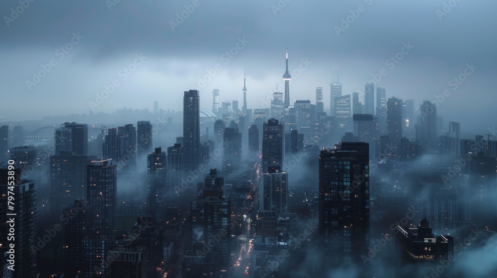 Fototapeta premium A panoramic view of a city skyline shrouded in mist and rain, creating a moody and atmospheric urban scene.