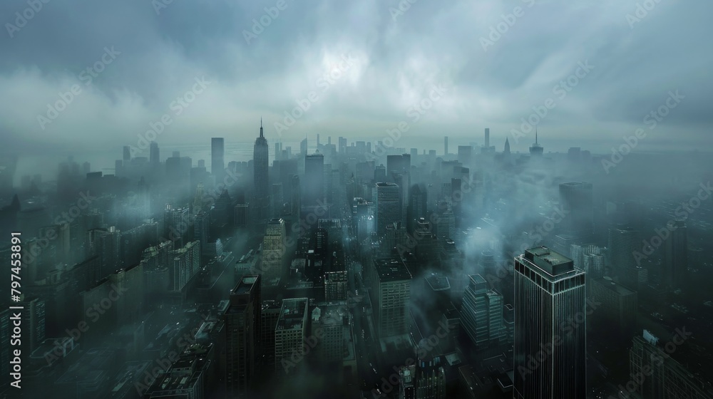 A panoramic view of a city skyline shrouded in mist and rain, creating a moody and atmospheric urban scene.