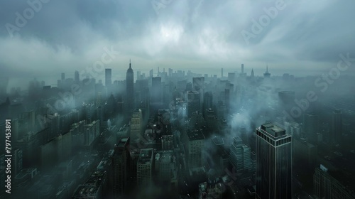 A panoramic view of a city skyline shrouded in mist and rain, creating a moody and atmospheric urban scene.