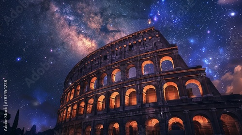 A stunning view of the Roman Colosseum under a starry sky, lit by torches