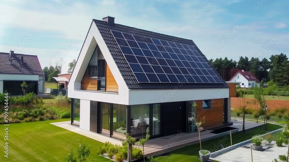 Modern eco-friendly house with solar panels on gable roof, landscaped yard in suburban setting Modern eco-friendly house with solar panels on gable roof, landscaped yard in suburban setting