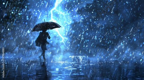 A person running through the rain with an umbrella, their silhouette illuminated by flashes of lightning in the distance.