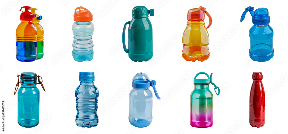 Variety of colorful reusable water bottles isolated cut out png on transparent background Variety of colorful reusable water bottles isolated cut out png on transparent background