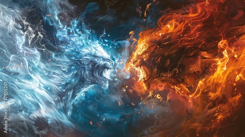 Two dragons are fighting each other, one is blue and the other is red, Generative AI