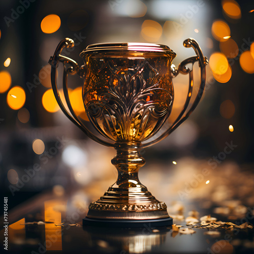 Golden trophy cup on a dark background with bokeh lights.