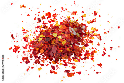 Close up spicy chili red pepper flakes, chopped, milled dry paprika pile isolated on white