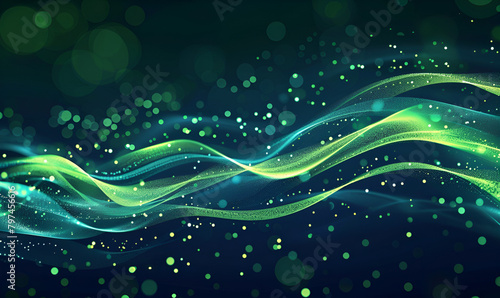 Abstract green energy particles and waves magical bright glowing futuristic hitech with blur effect