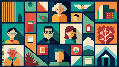 Each square is a mosaic of memories inspired by stories passed down from generation to generation.. Vector illustration