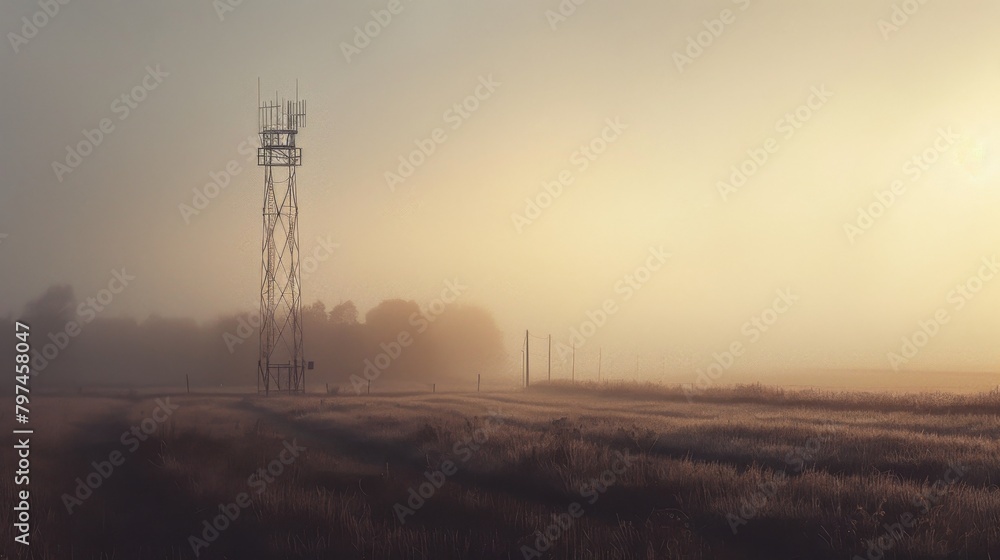 A rural scene with a lone signal tower piercing through the misty morning fog