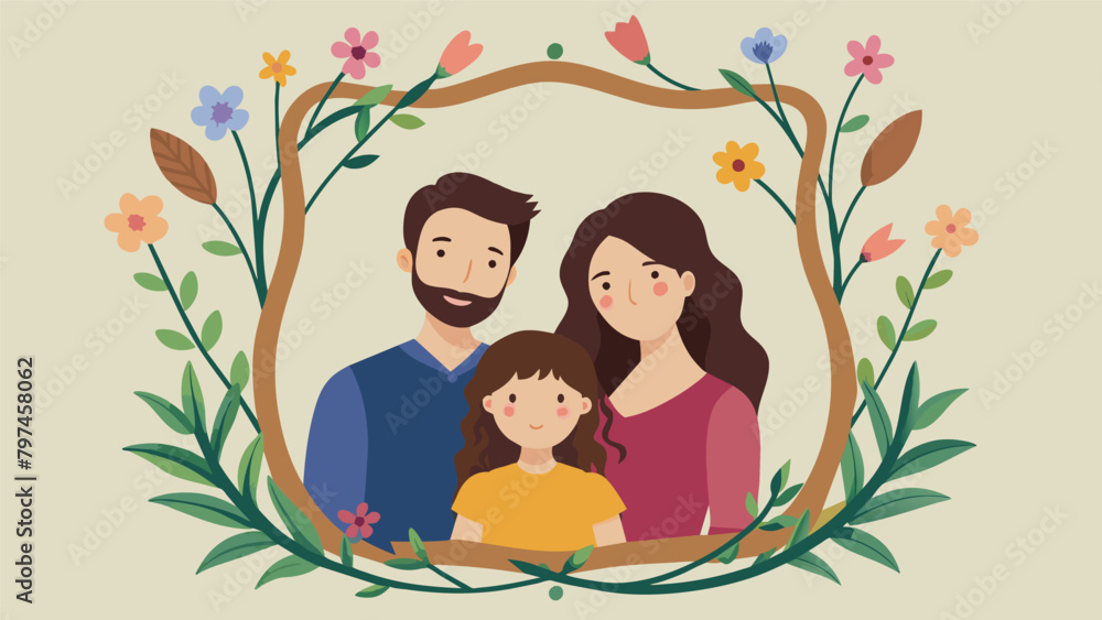 A photo frame made from twigs and wildflowers set up as a backdrop for family portraits to commemorate the special occasion. A photo frame made from twigs and wildflowers set up as a backdrop for family portraits to commemorate the special occasion.