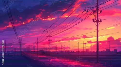 A row of electric power poles stretching into the distance against a vibrant sunset sky