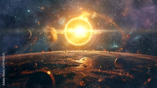 Space scene with the sun surrounded by planets and earth. Seamless looping 4k time-lapse video animation background photo
