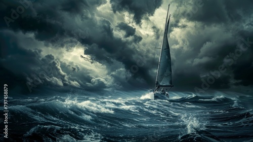 A sailboat navigating choppy waters under dark storm clouds, braving the elements with courage and determination. photo