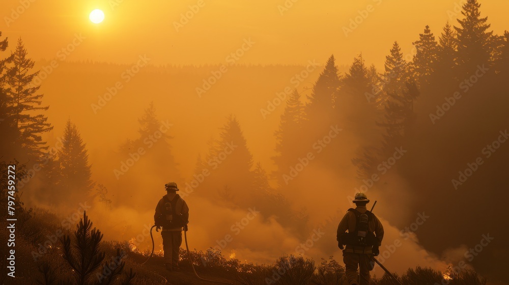 Silhouetted against a hazy forest backdrop firefighters work tirelessly to control an intense wildfire
