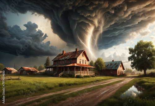 Tornado and ranch farm house. Generative AI photo
