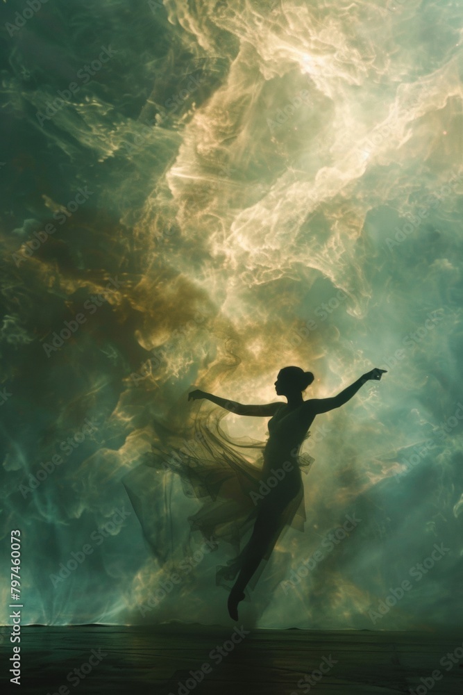 A nebula as the swirling backdrop for a dramatic dance performance, conveying energy and movement A nebula as the swirling backdrop for a dramatic dance performance, conveying energy and movement
