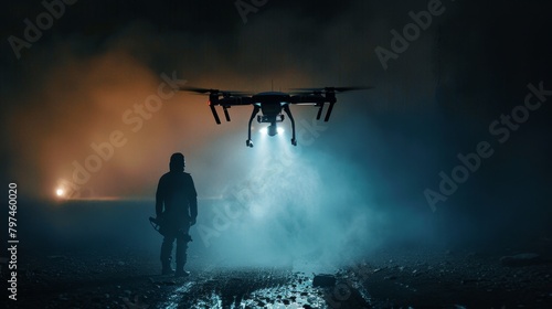 A MALE drone with a spotlight illuminating a target at night, casting harsh shadows across the landscape